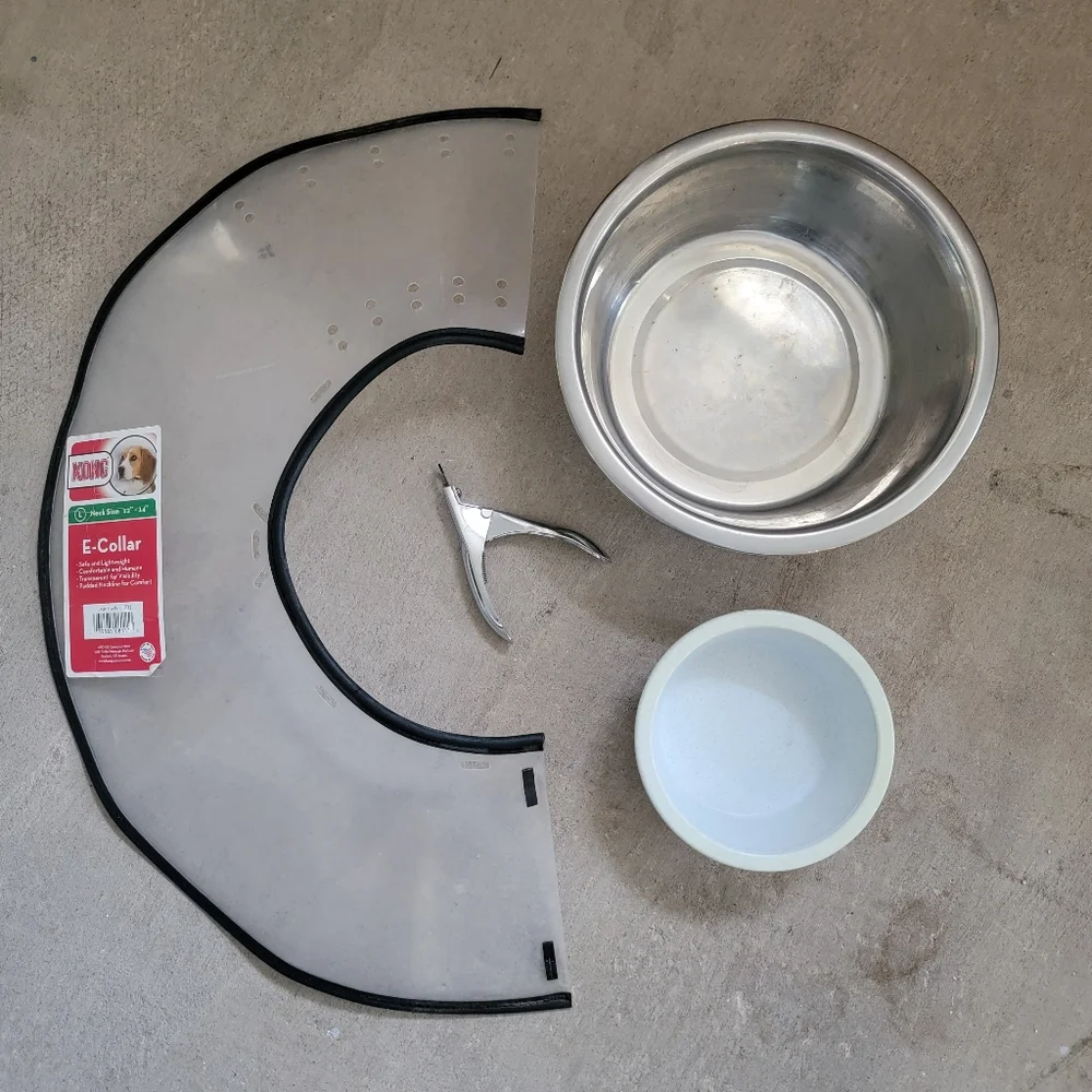 Small Dog Supplies: E-Collar, Nail Clipper, 2 Pet Dishes